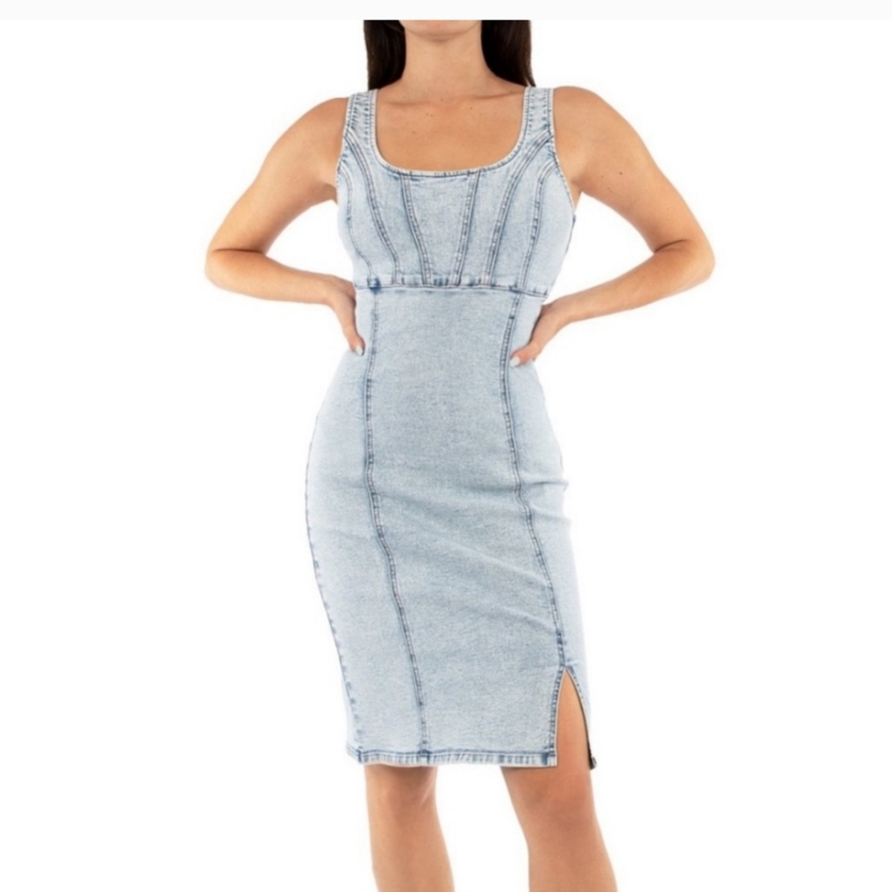 Rewash Bustier Front-Slit Midi Denim Dress